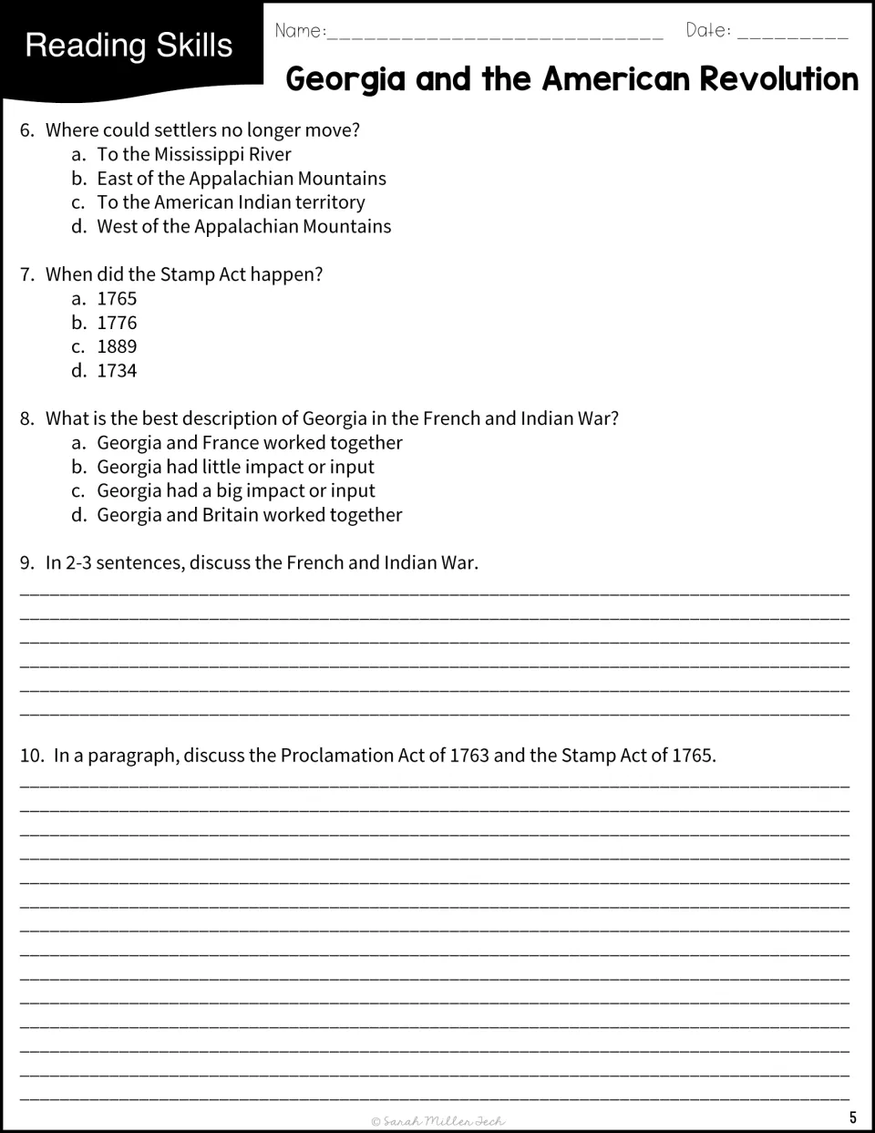 Questions 6–10 cover settlement limits, the Stamp Act, Georgia’s war involvement, and two written responses.