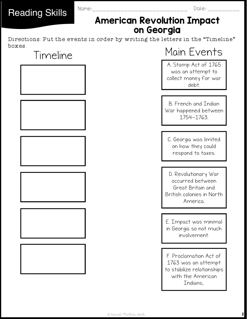 Timeline activity asks students to order six statements about war, British policies, and Georgia’s responses.