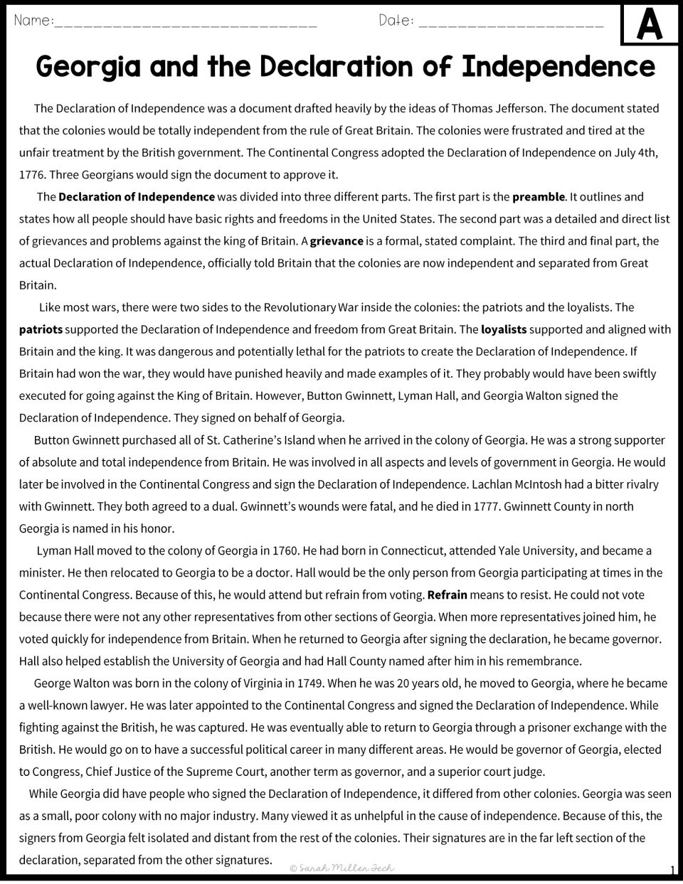 Reading passage A explains the Declaration of Independence and Georgia signers Gwinnett, Hall, and Walton.
