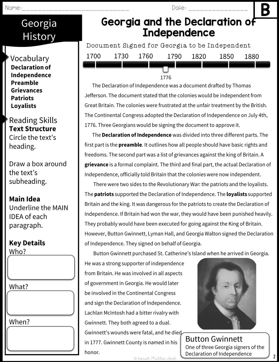 Reading passage B begins with the Declaration, patriots and loyalists, and Button Gwinnett's biography.