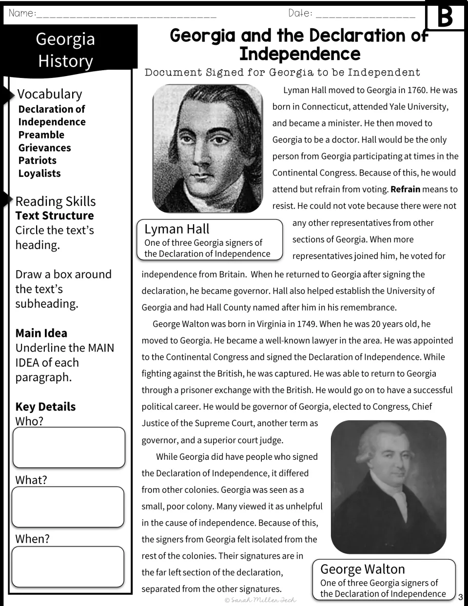 Reading passage B continues with Lyman Hall, George Walton, and Georgia's relationship to other colonies.