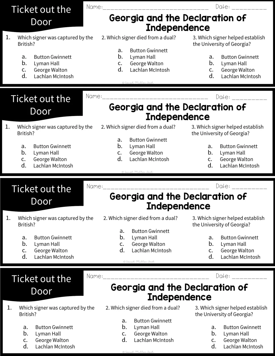 Four identical exit tickets ask which Georgia signer was captured, died in a duel, or helped establish UGA.