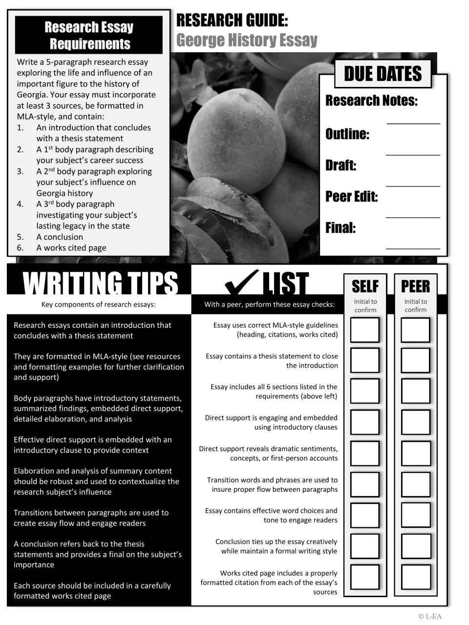 Research essay guide in black and white: requirements, due date blanks, writing tips and a self and peer checklist