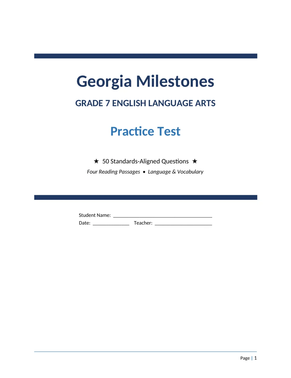 Grade 7 English language arts practice test title page: 50 questions, four reading passages, name and teacher lines