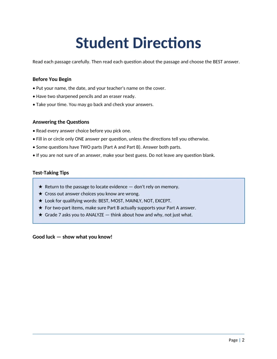 Student directions for the test: how to answer one-choice and two-part questions, tips like crossing out wrong choices