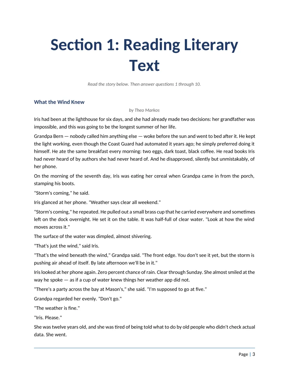 Reading literary text: opening of the story What the Wind Knew, where Iris ignores Grandpa's storm warning