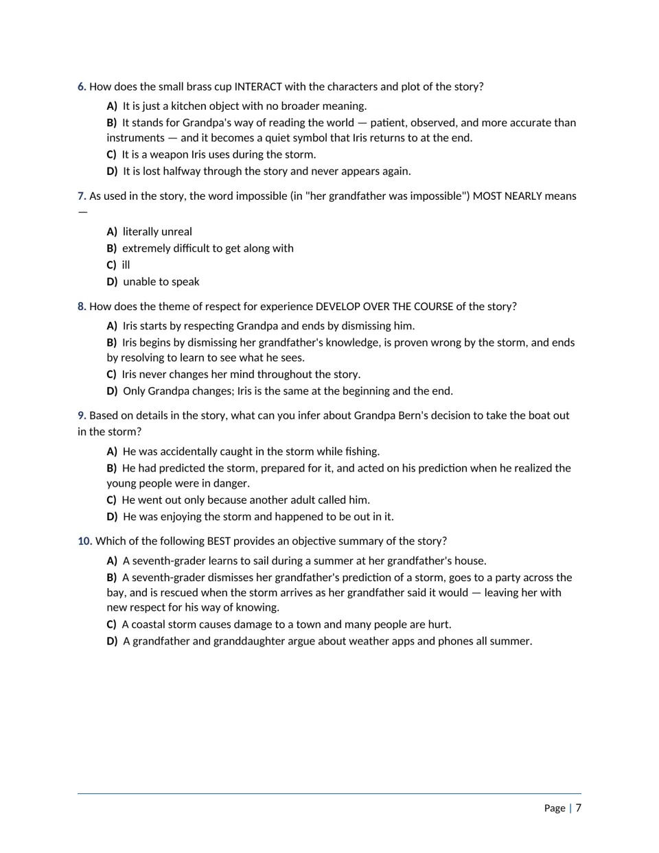 Questions 6-10 on the story: brass cup as symbol, meaning of impossible, theme development, inference and summary
