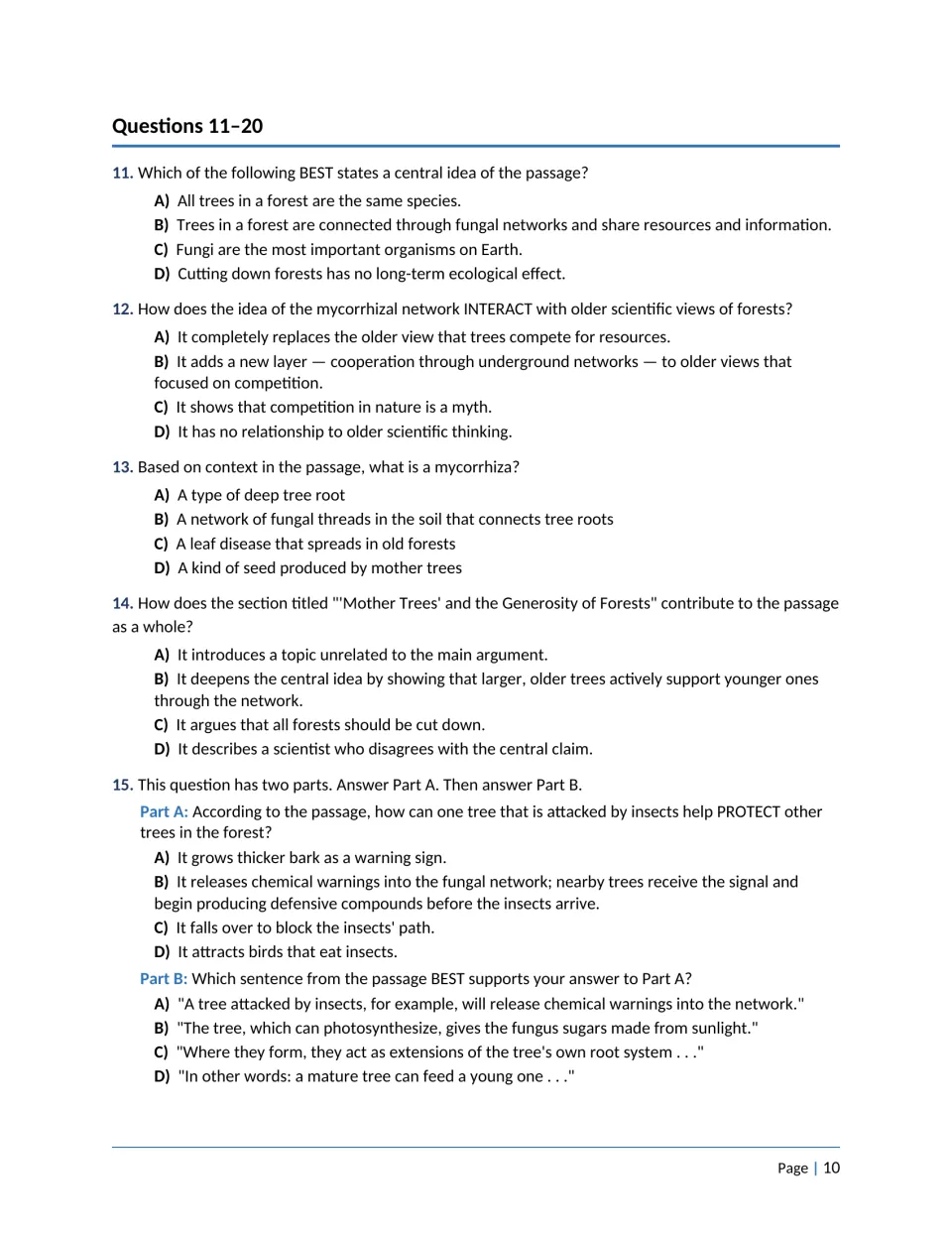 Questions 11-15 on the trees article: central idea, mycorrhiza from context, section purpose and two-part evidence item