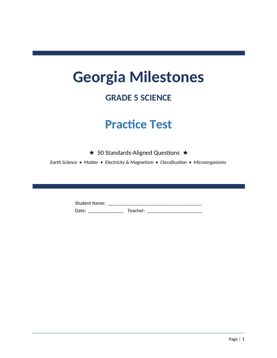 Grade 5 science test title page: 50 questions on Earth science, matter, electricity, classification and microorganisms