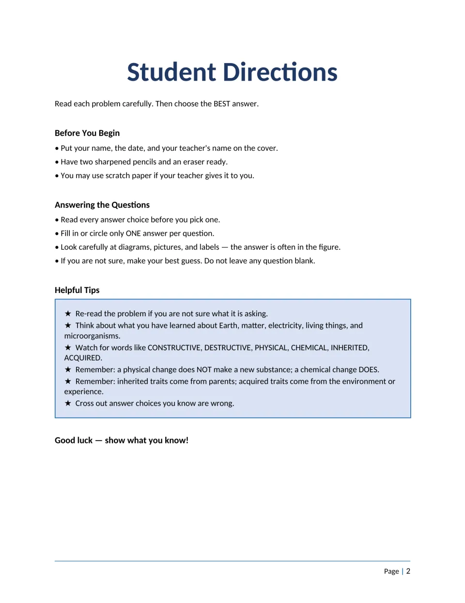 Test directions: choose the best answer for each problem, plus tips on physical vs chemical change and inherited traits
