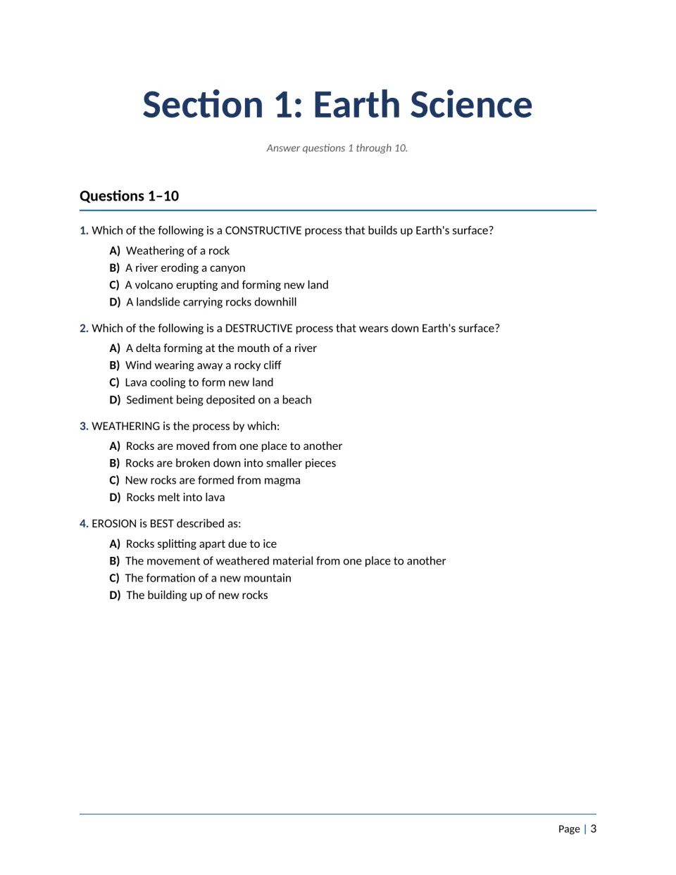 Earth science questions 1-4 on constructive and destructive processes and defining weathering and erosion