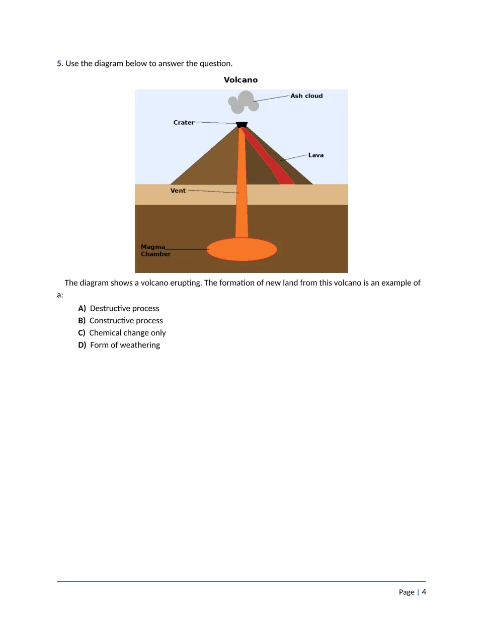 Question 5: students use a labeled volcano diagram to classify new land from an eruption as constructive or destructive