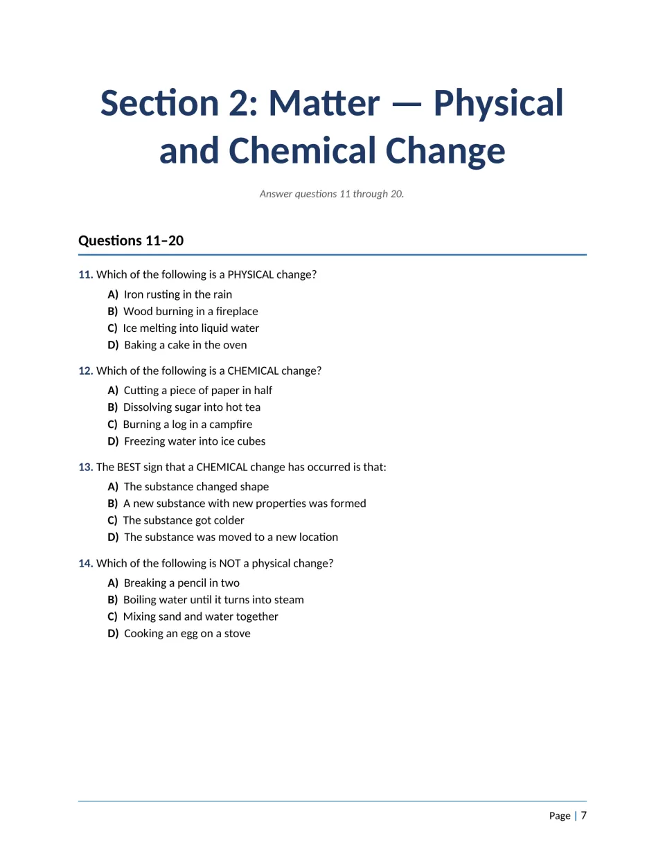 Physical vs chemical change questions 11-14: students classify everyday examples like rusting, melting and baking