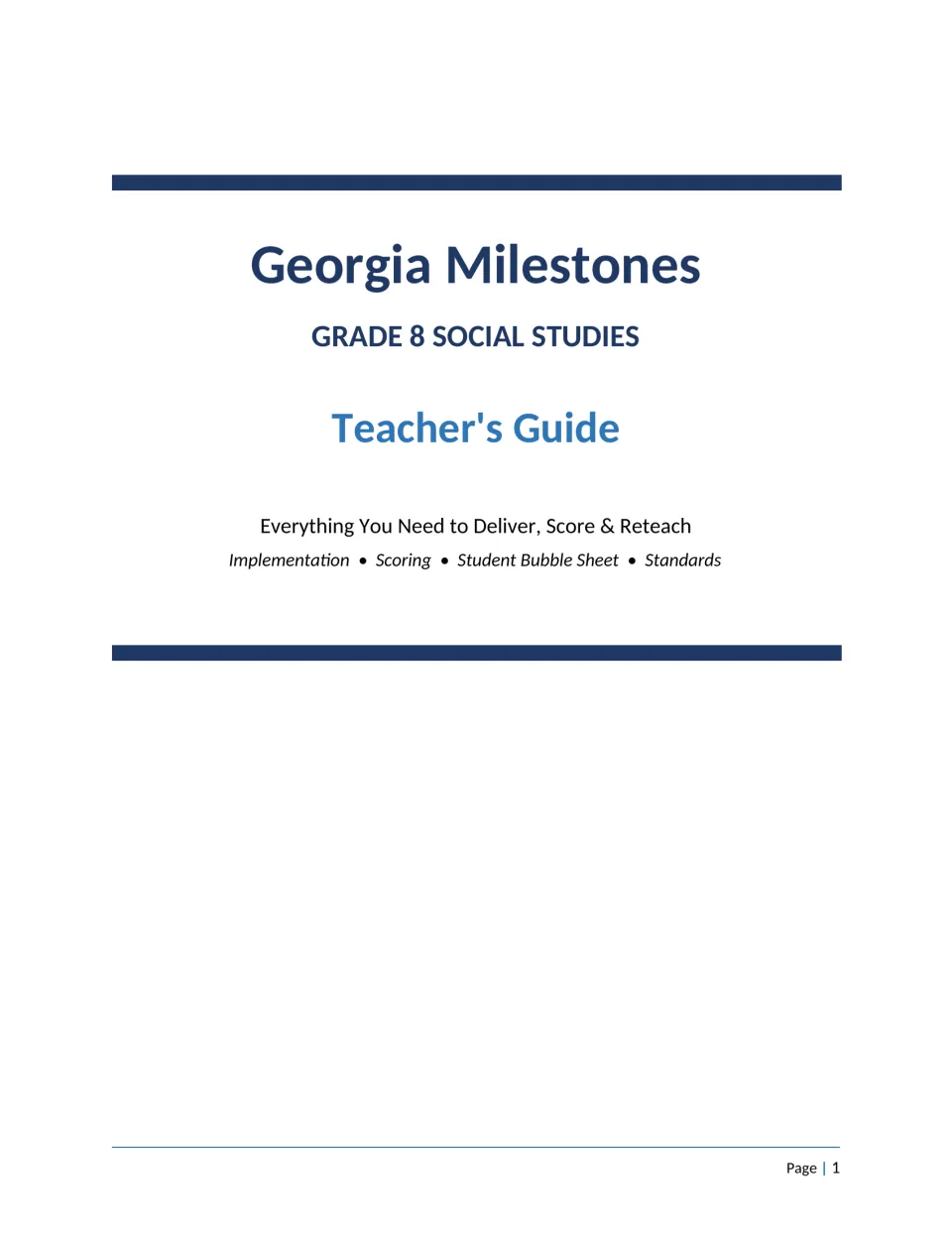 Georgia Milestones Grade 8 Social Studies Teacher's Guide cover listing implementation, scoring, bubble sheet, standards