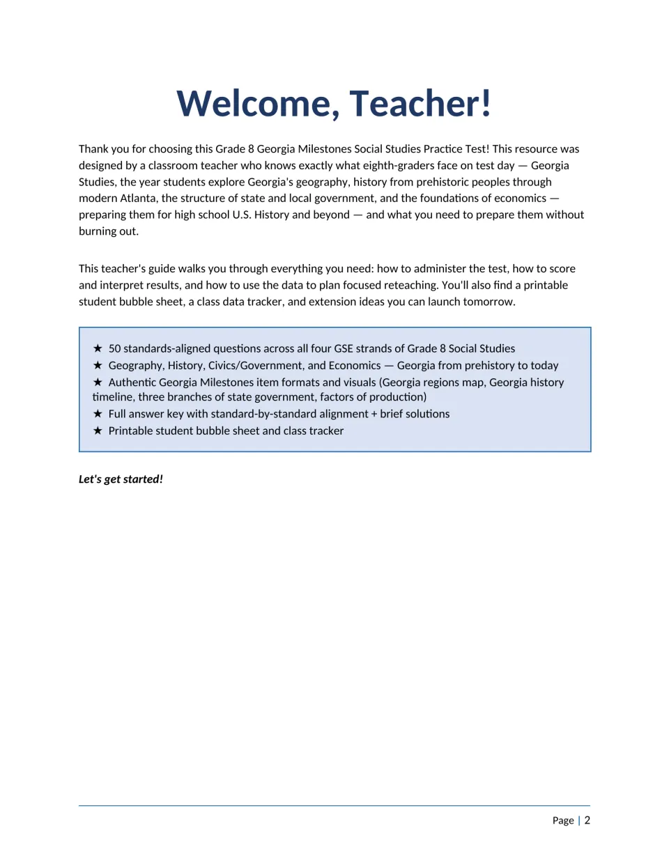 Welcome letter to teachers summarizing the guide: 50 questions on geography, history, civics and economics, plus answer key