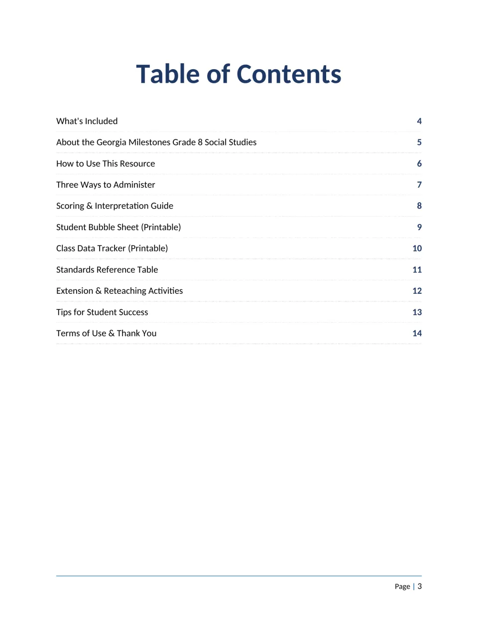 Table of contents for the teacher's guide, from What's Included and scoring guide to bubble sheet, standards table and tips