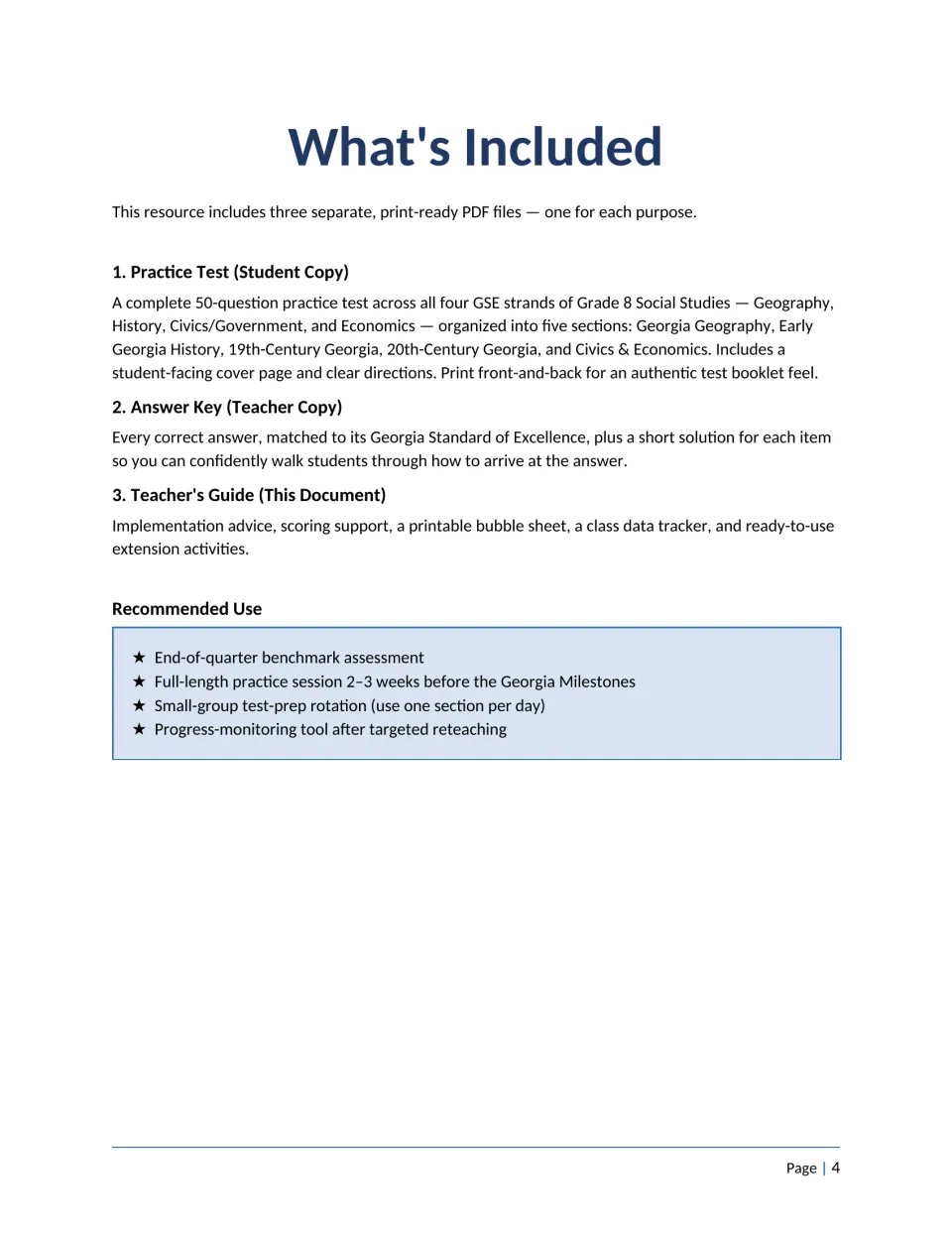 What's Included: describes the student practice test, teacher answer key and this guide, with four recommended uses listed