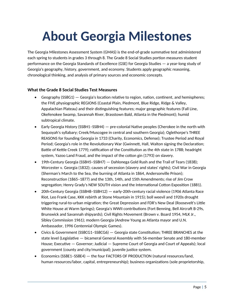 About the GMAS: what the Grade 8 test measures, from the five Georgia regions and Oglethorpe to Reconstruction and civics