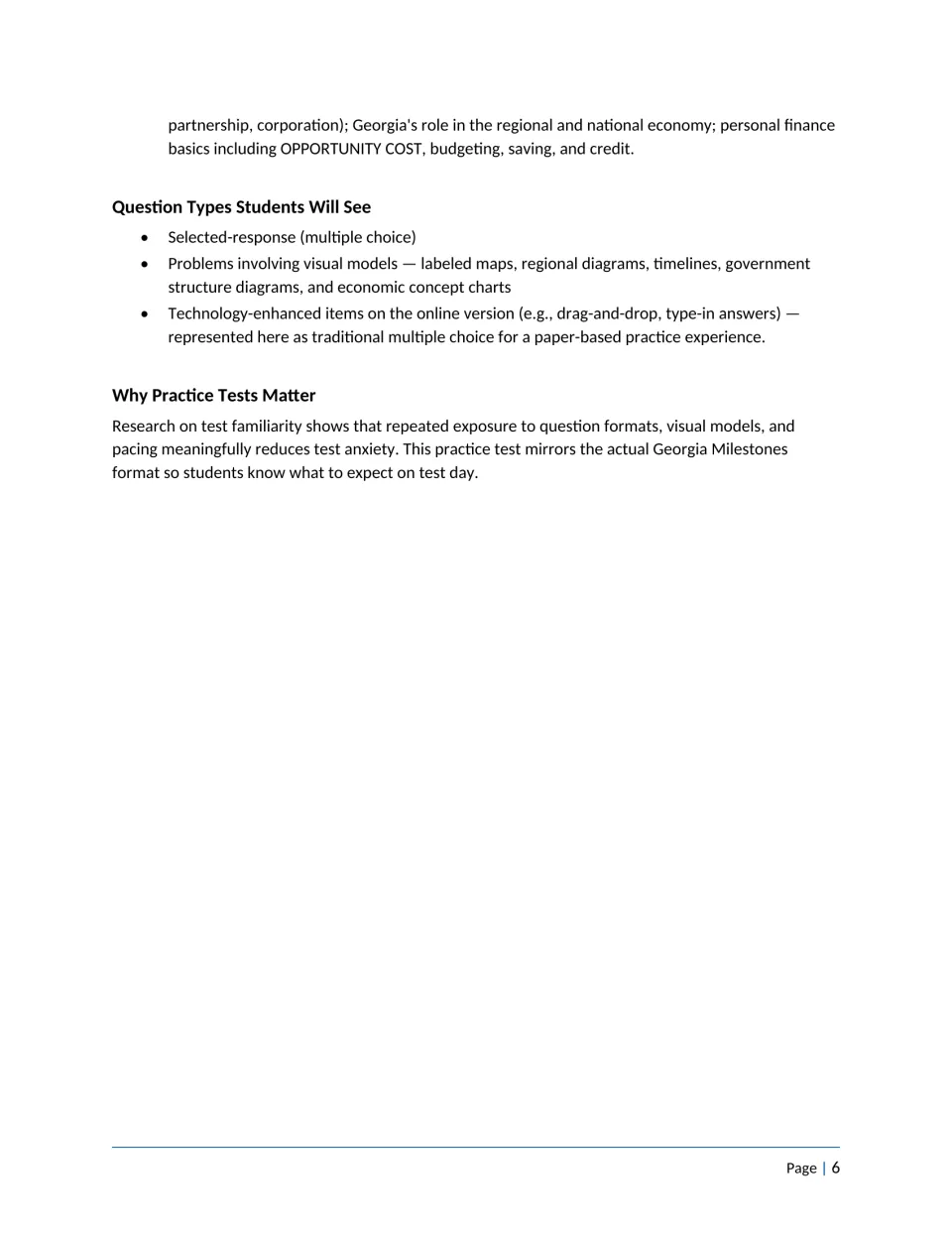 Economics topics continued, then question types students will see (multiple choice, maps, timelines) and a test-anxiety note