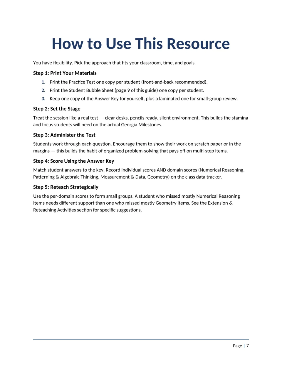 How to Use This Resource: five steps to print materials, set the stage, give the test, score it and reteach in groups