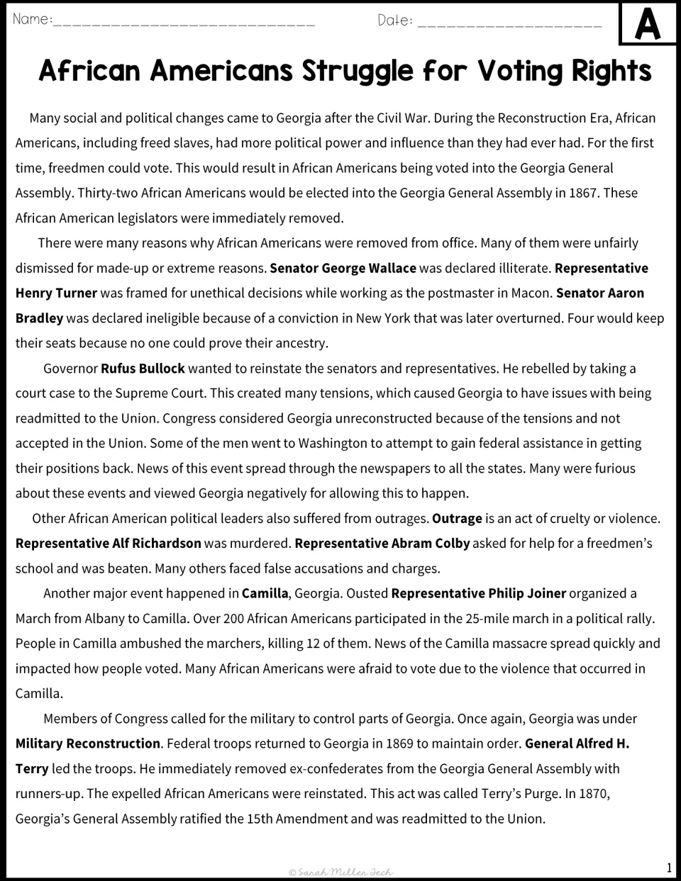 Version A passage on African American voting rights, expelled Georgia legislators, and Military Reconstruction