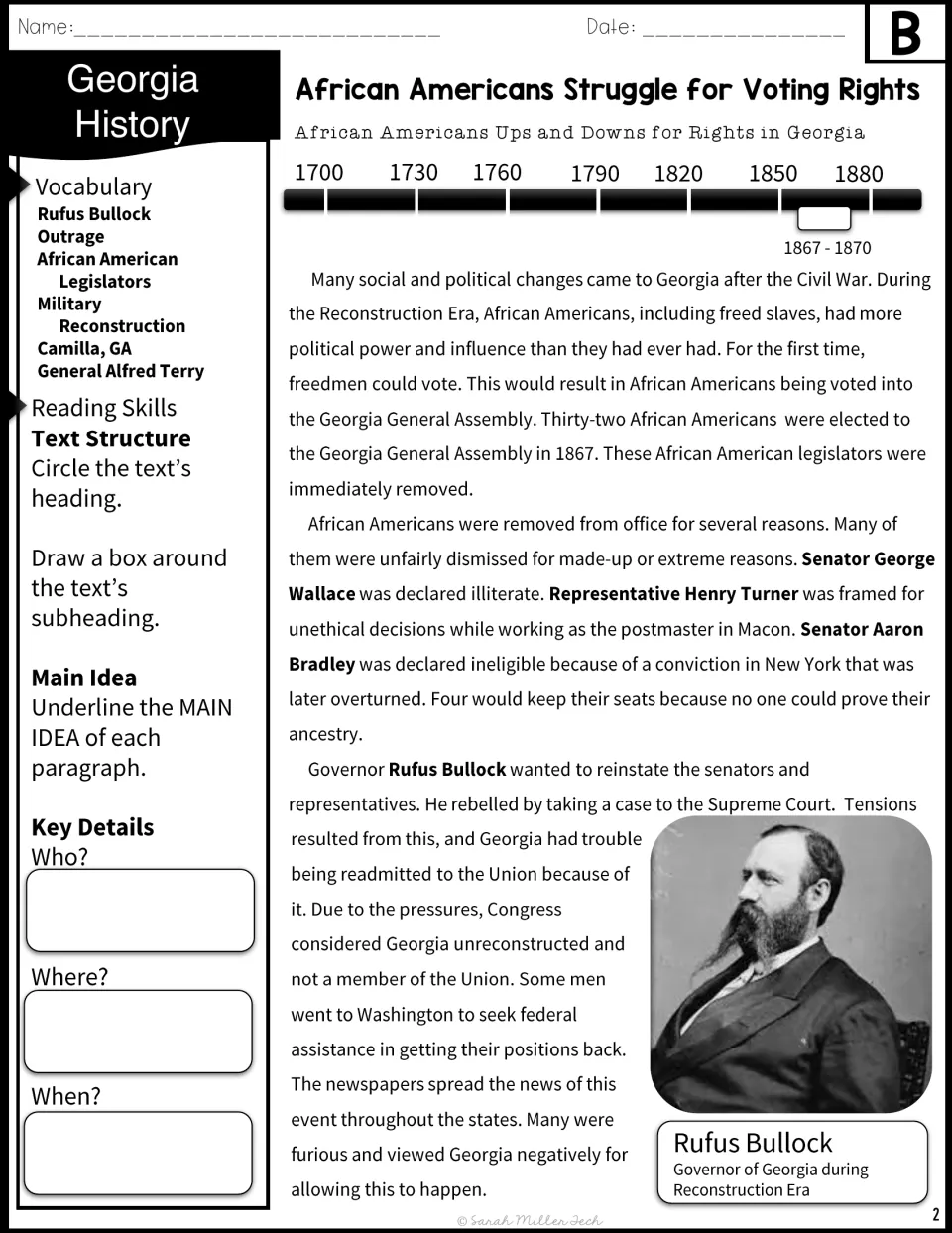 Version B passage, part 1: expelled Georgia legislators and Rufus Bullock, with vocabulary and reading prompts