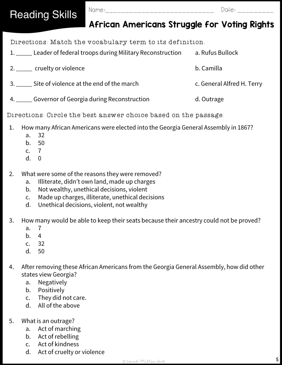 Reading practice with four vocabulary matches and five multiple-choice questions about Georgia Reconstruction