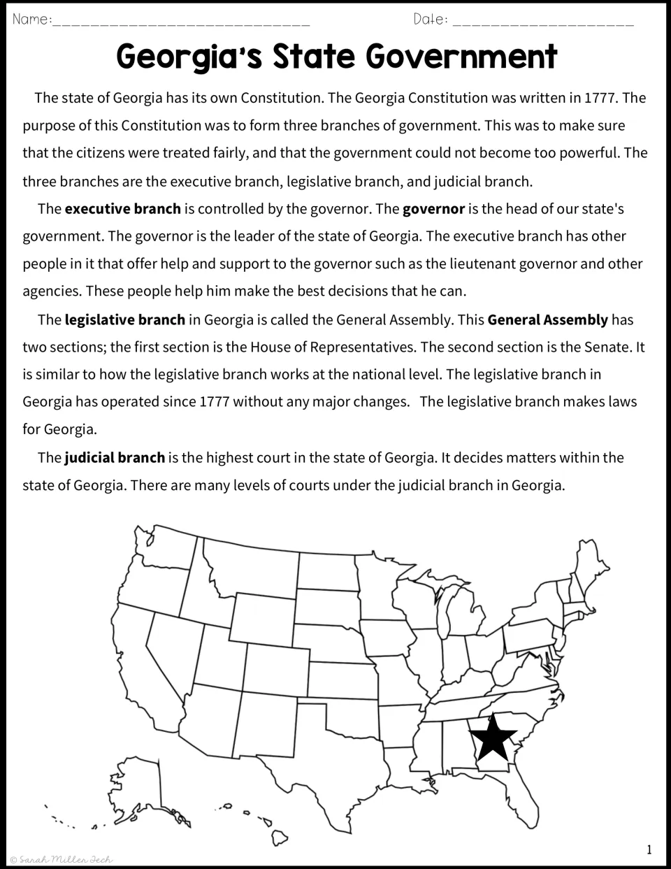 Reading passage about Georgia's Constitution, governor, General Assembly, and judicial branch, plus a U.S. map