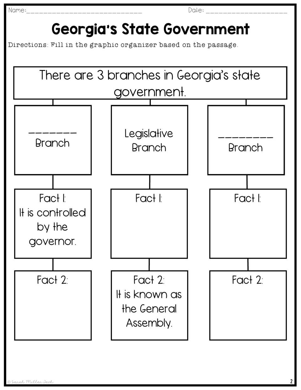 Graphic organizer for Georgia's three government branches, with branch names and two facts to complete