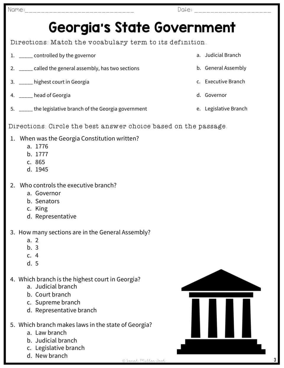 Five government vocabulary matches and questions 1–5 about Georgia's Constitution and government branches