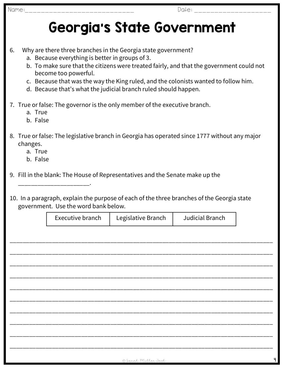 Questions 6–10 on Georgia's government, including true or false and a paragraph on each branch's purpose