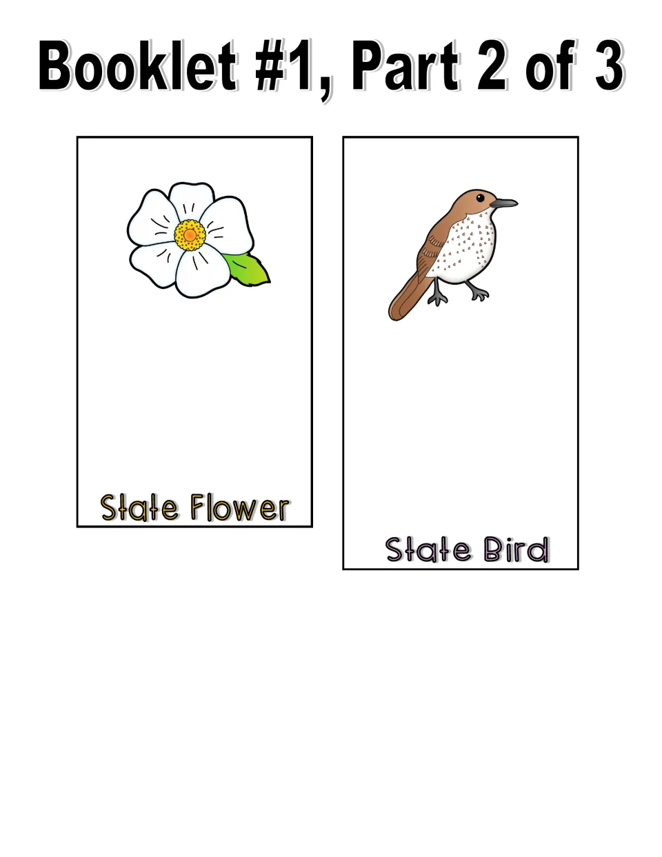 Color booklet, part 2 of 3: state flower and state bird pieces with illustrations to identify and write about