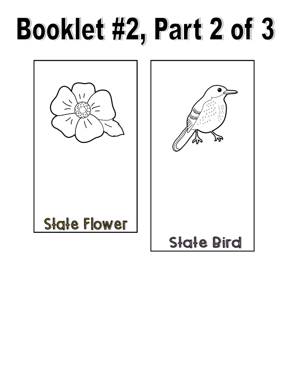 Black-and-white booklet, part 2 of 3: state flower and state bird illustrations to identify and write about