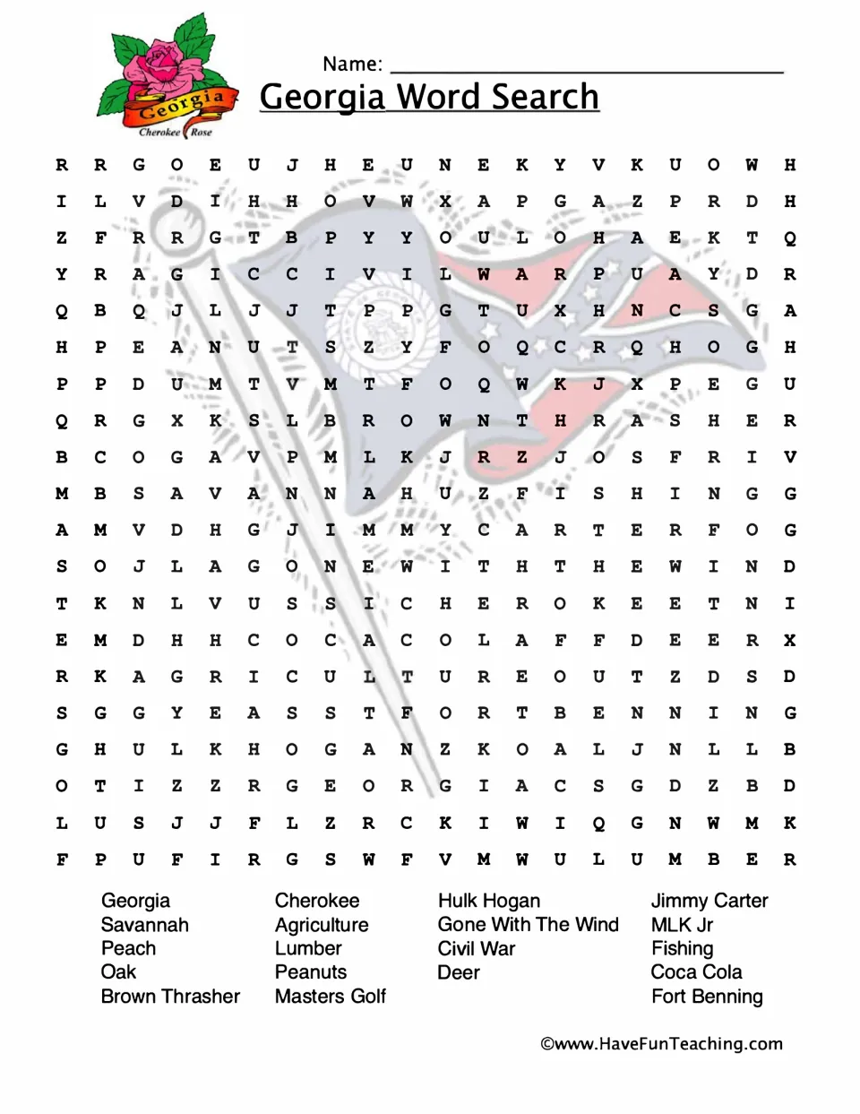 Georgia state facts: students hunt for 19 hidden words such as Savannah, Cherokee, Peanuts, Jimmy Carter and Civil War