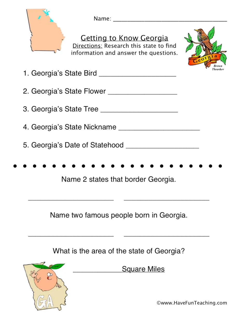 Georgia research worksheet: state symbols, nickname, statehood date, bordering states, famous people and area