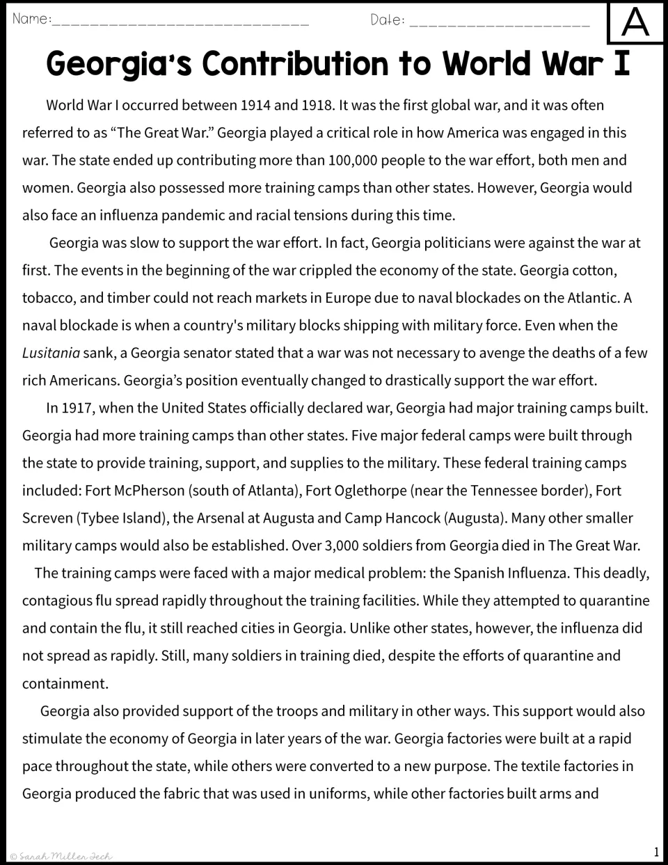 Version A passage begins with Georgia’s wartime role, early opposition, military camps, and influenza.