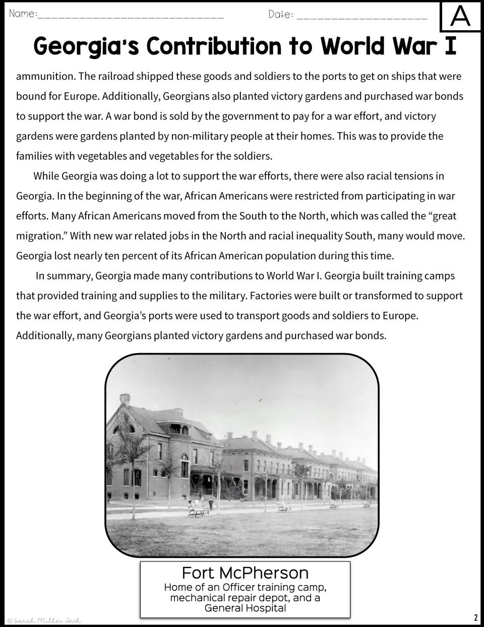 Version A passage concludes with Georgia’s war production, victory gardens, war bonds, and the Great Migration.