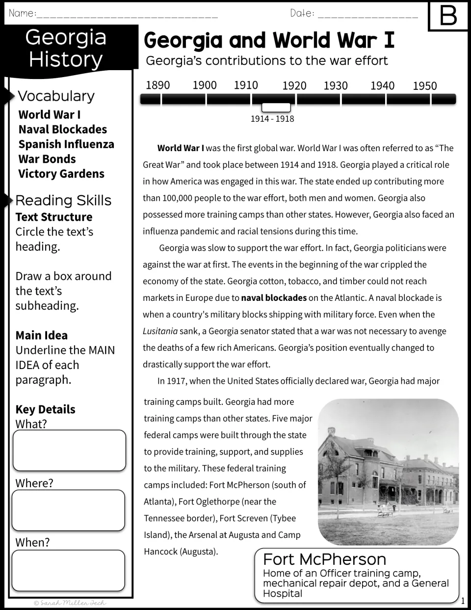 Version B passage opens with Georgia’s wartime role and training camps, plus vocabulary and reading prompts.