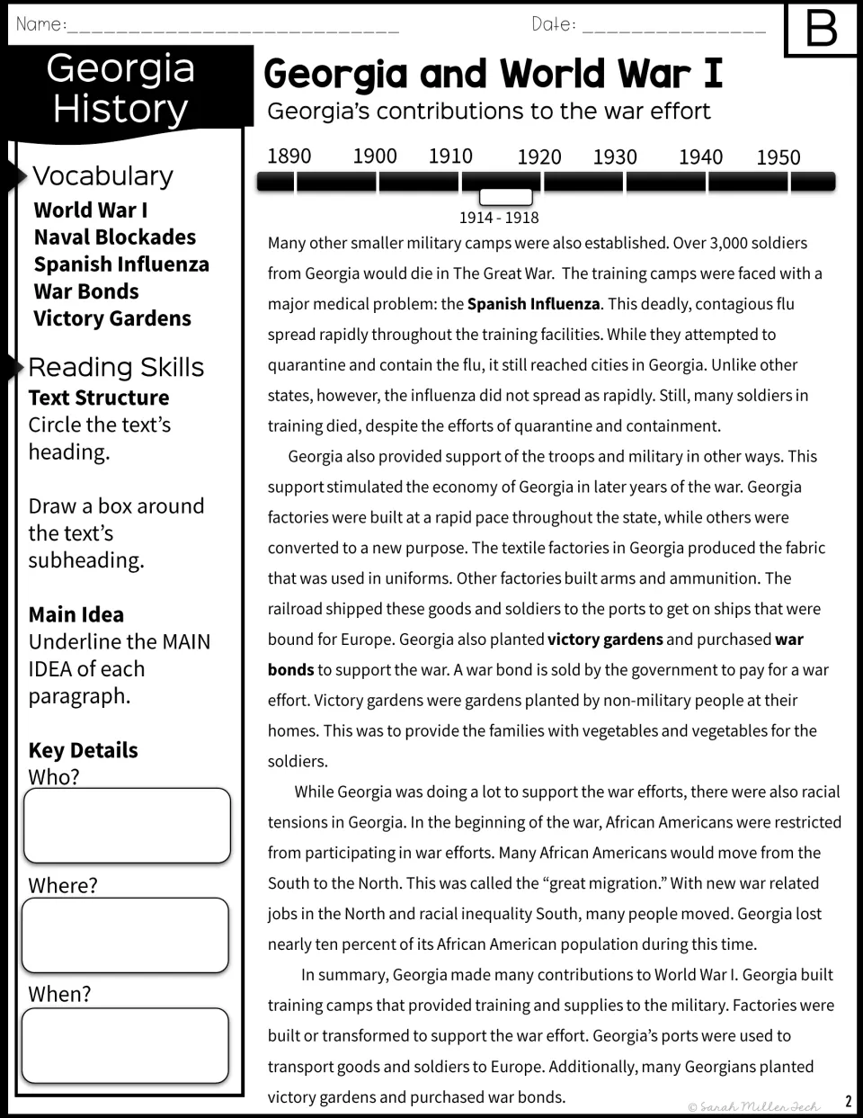 Version B passage continues with influenza, factory production, victory gardens, war bonds, and migration.