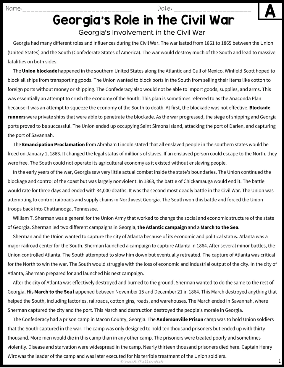 Version A passage covers Georgia's Union blockade, emancipation, Chickamauga, Sherman, and Andersonville.