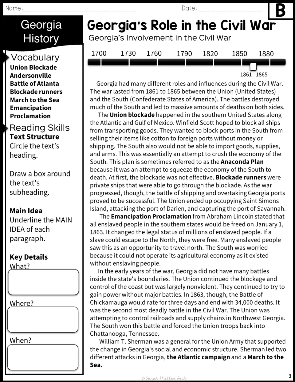 Version B begins with Georgia's blockade, emancipation, and Chickamauga, plus main idea and detail prompts.