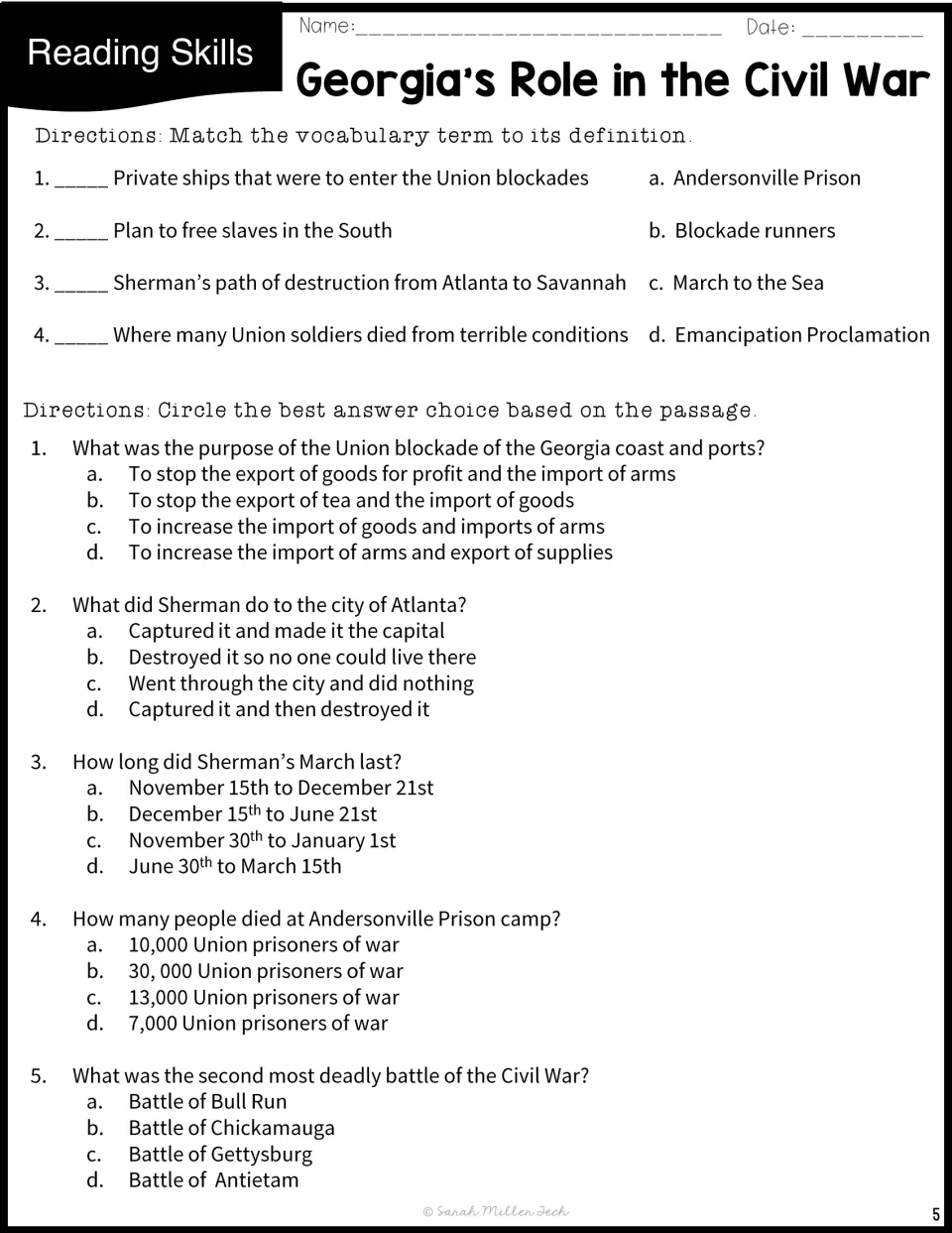Four vocabulary matches and five history questions review the blockade, Sherman, Andersonville, and Chickamauga.