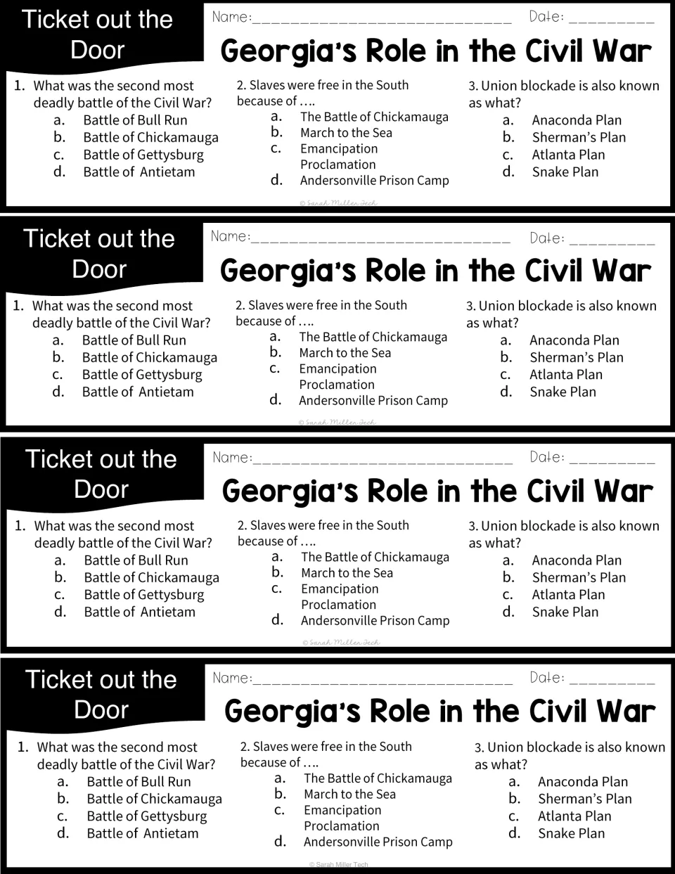 Exit ticket asks about Chickamauga, the Emancipation Proclamation, and the Anaconda Plan, printed four times.