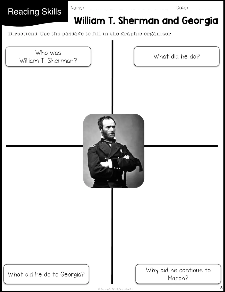 Sherman graphic organizer asks who he was, what he did, his actions in Georgia, and why he continued marching.