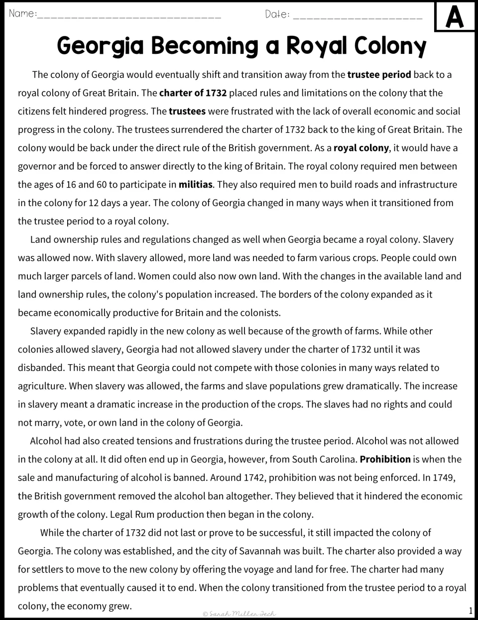 Reading passage A explains Georgia's transition to royal rule, land ownership changes, and slavery.