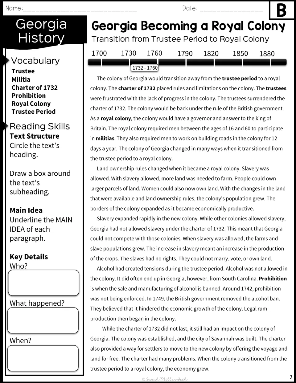 Reading passage B covers Georgia's royal transition with vocabulary, a timeline, and main idea tasks.