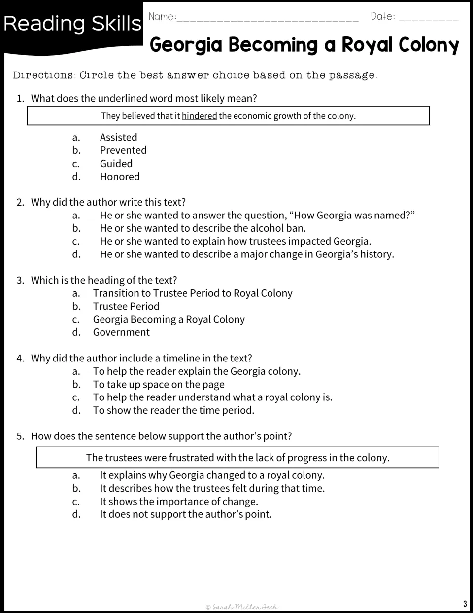 Five reading questions ask about hindered, author’s purpose, the heading, timeline, and supporting evidence.