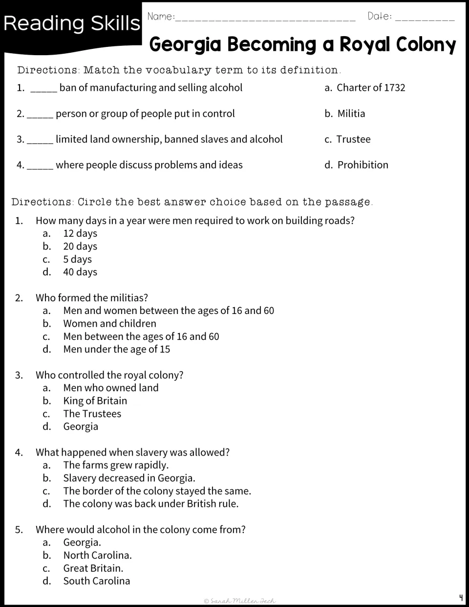 Vocabulary matching and five questions review road work, militias, royal control, slavery, and alcohol.