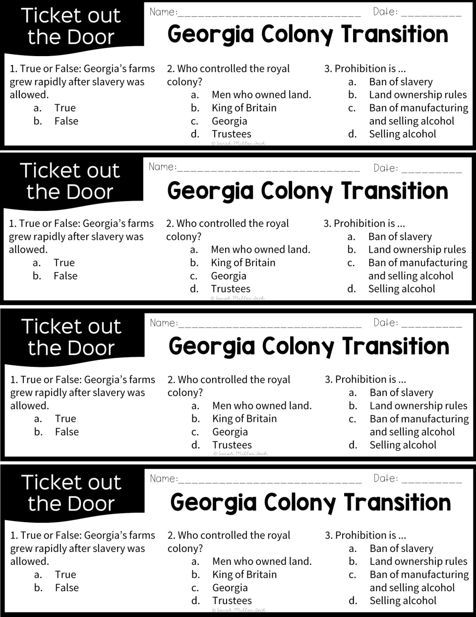 Four identical Georgia transition exit tickets ask about farm growth, royal control, and prohibition.