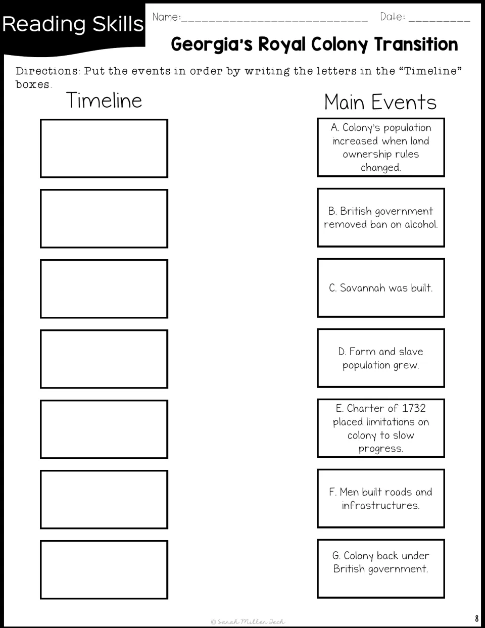 Timeline activity asks students to order seven events, including Savannah's founding and royal rule.